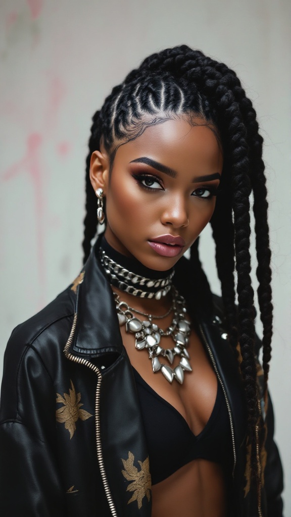 A close-up of a person with asymmetrical box braids, wearing stylish jewelry and a black leather jacket.