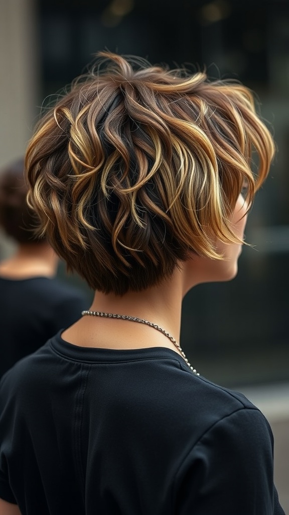 A stylish asymmetrical curly bob hairstyle with warm brown tones and highlights.