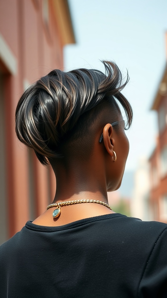 A woman with an asymmetrical haircut showcasing layered texture and subtle highlights