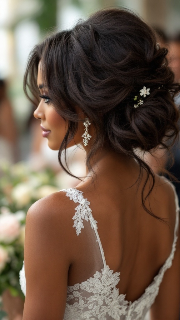 Bridesmaid hairstyle featuring an asymmetrical cut with soft layers