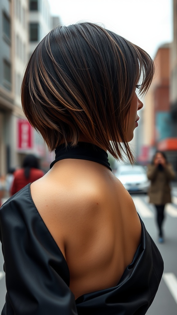 A woman with an asymmetrical lob hairstyle featuring bold bangs, viewed from the side in a city setting.