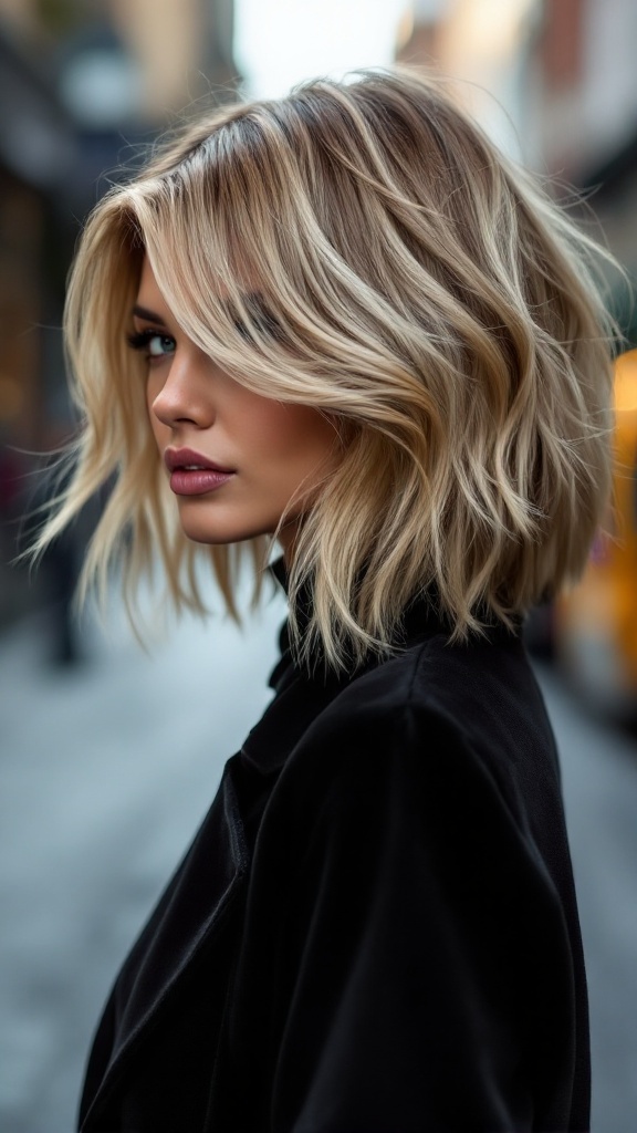 A woman with an asymmetrical medium haircut and side-swept bangs, standing on a city street.