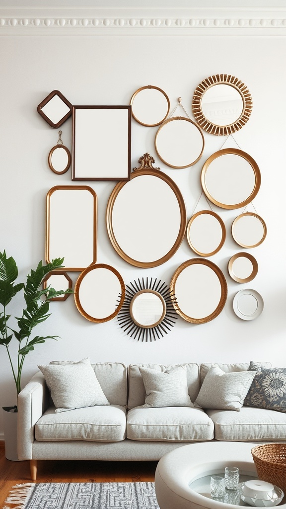 A collection of asymmetrical mirrors arranged on a wall, featuring various shapes and sizes, complemented by a cozy living room sofa.