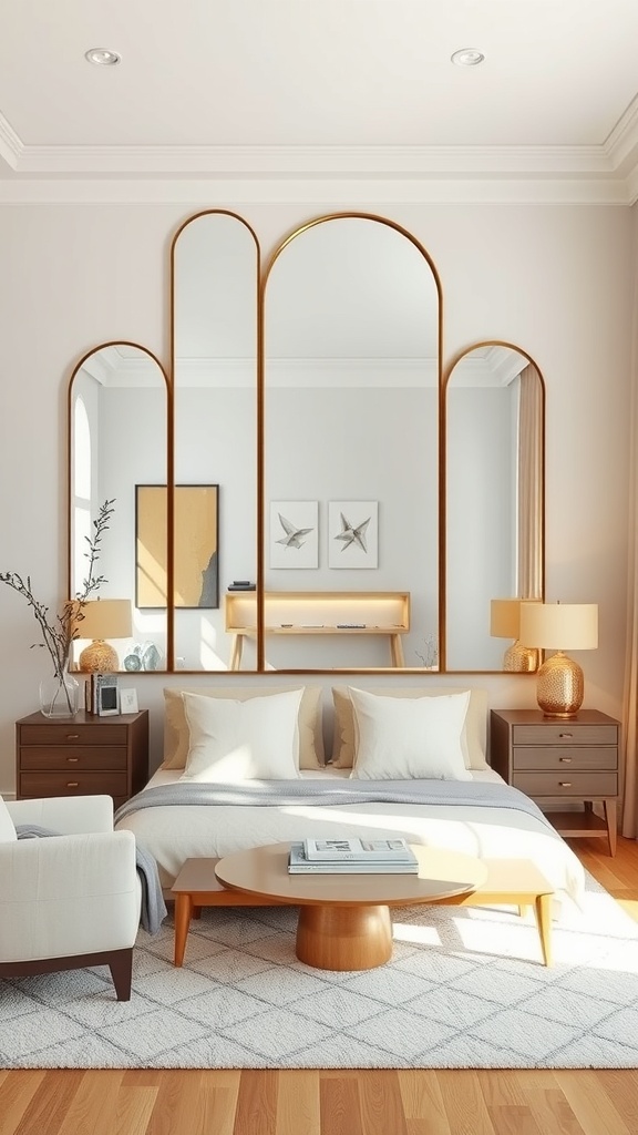 A living room featuring an asymmetrical mirror arrangement above a bed, with warm-toned frames and stylish decor.