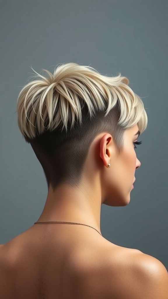 A close-up view of an asymmetrical pixie cut hairstyle with shorter sides and longer top.
