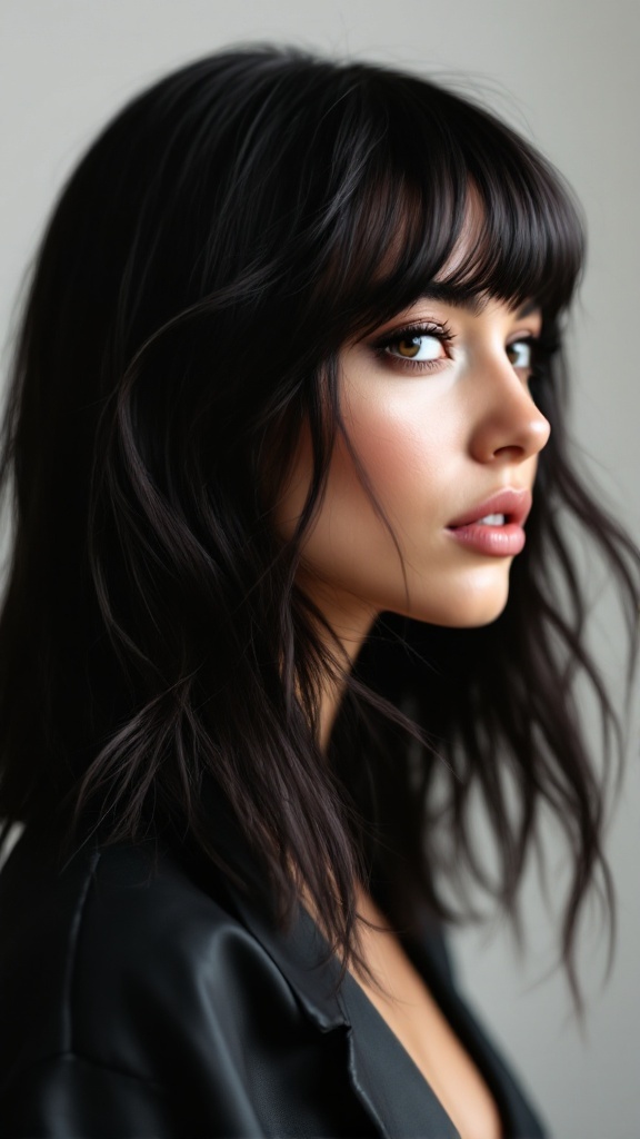 Model with asymmetrical side bangs and dark flowing hair