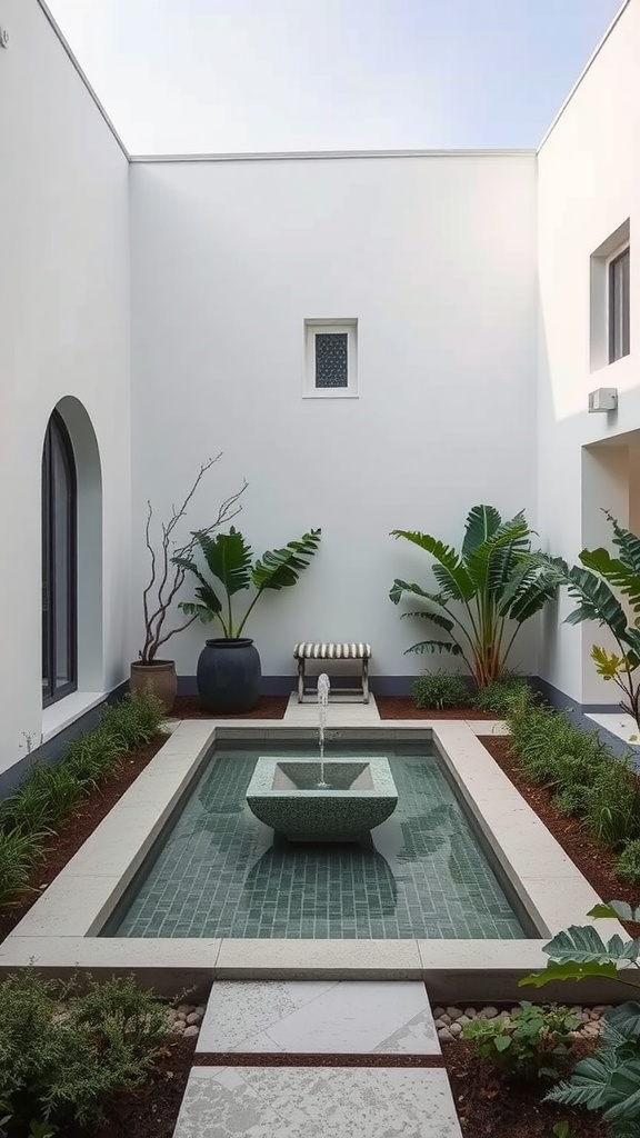 A minimalist courtyard garden with a unique water feature surrounded by plants and a pathway.