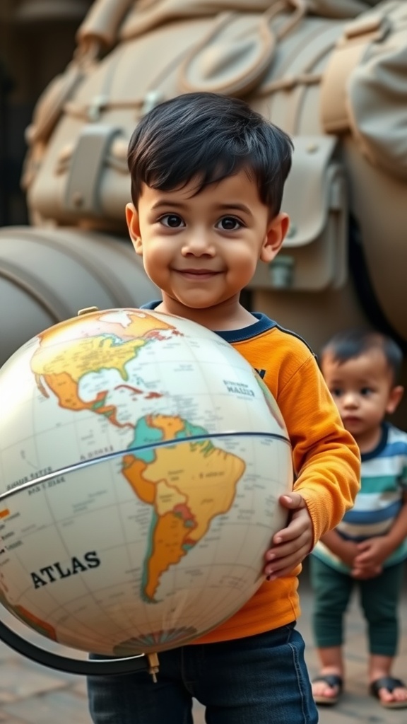 A young boy with a globe labeled 'Atlas' smiling, symbolizing adventure and exploration.