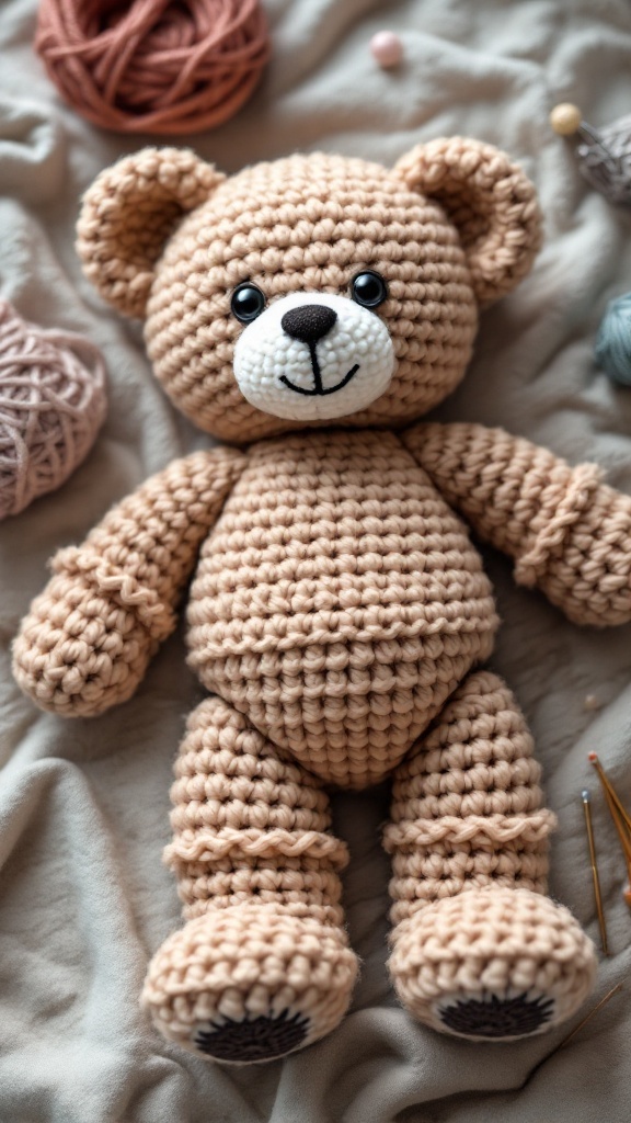 A crocheted teddy bear with limbs and head attached, surrounded by yarn and crochet tools.