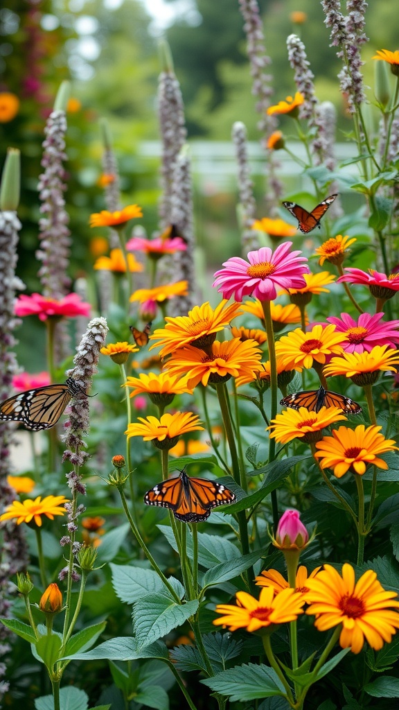 A colorful garden filled with orange, pink, and yellow flowers, attracting butterflies.