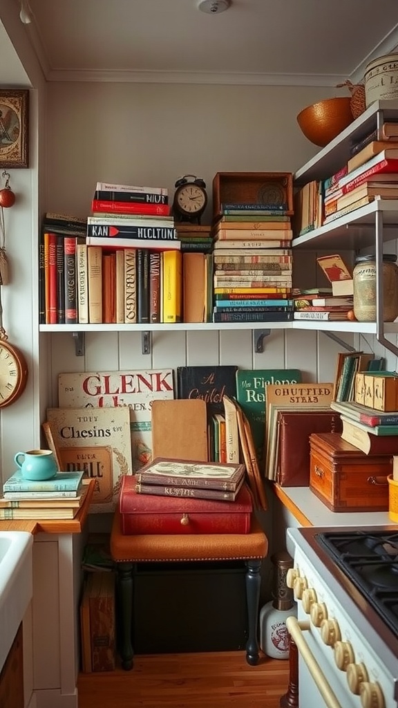 A cozy kitchen corner displaying retro cookbooks on shelves, with some stacked on a chair and a colorful teacup nearby.