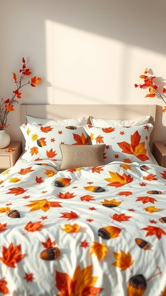 A cozy bed with autumn-themed linens featuring colorful leaves and acorns.