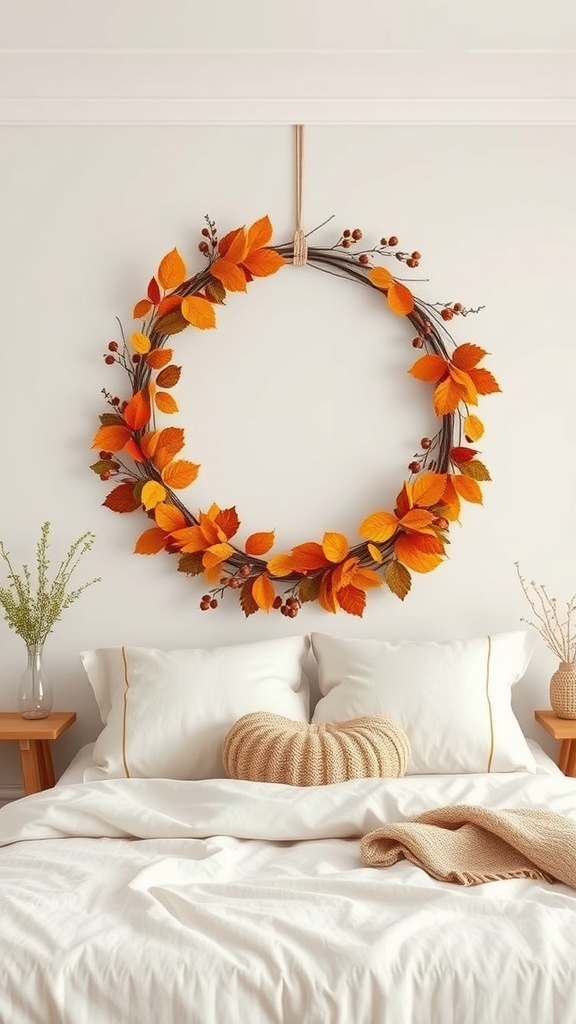 A cozy bedroom with a large autumn wreath made of orange leaves hanging on the wall above a neatly made bed.