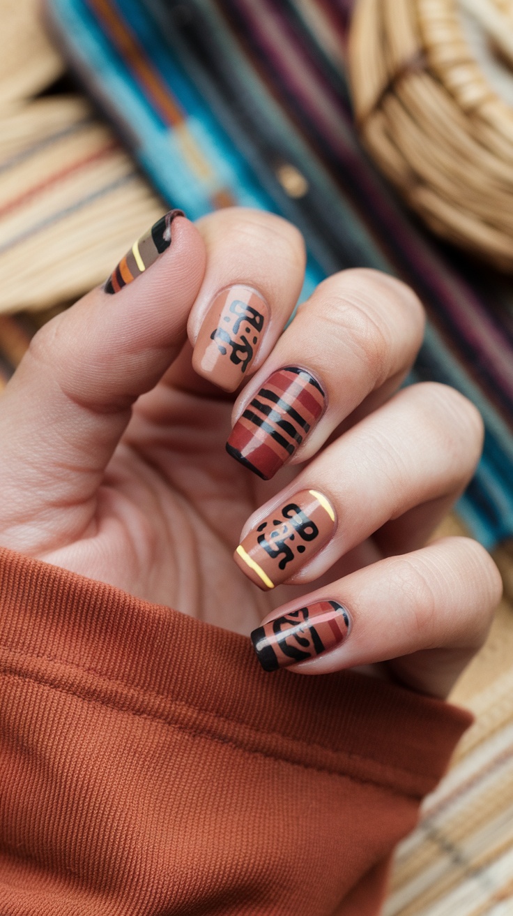 Close-up of a hand with nails featuring Aztec tribal patterns in earthy tones.