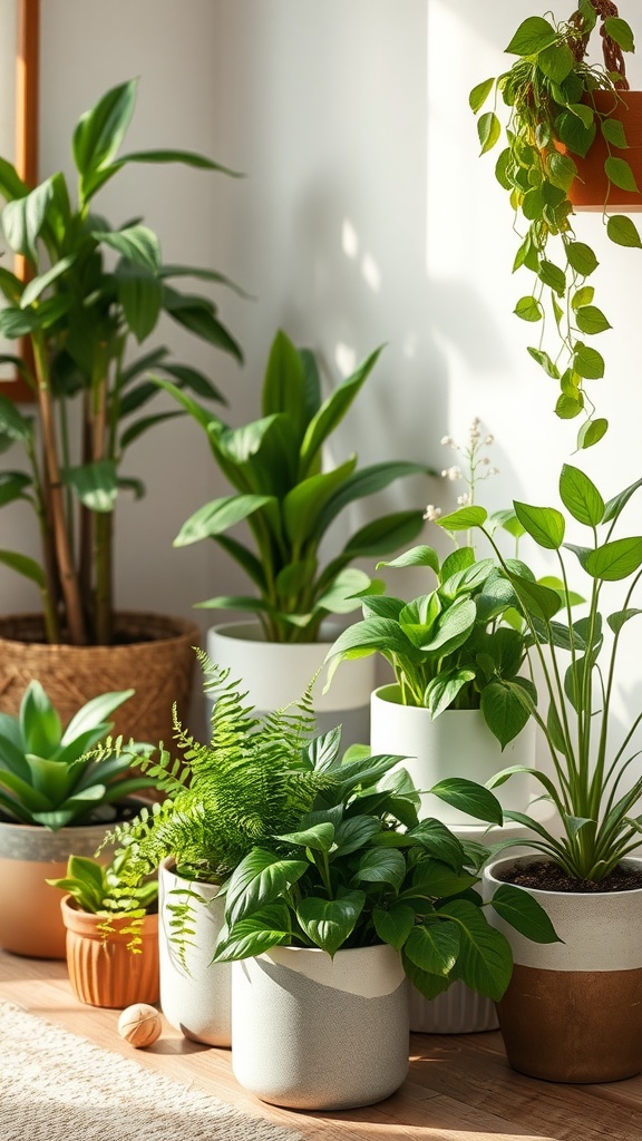 A variety of baby-safe plants in pots, arranged in a bright and inviting nursery setting.