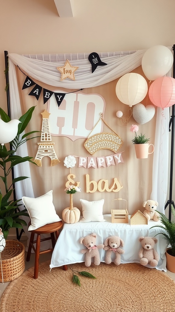 A cozy baby-themed photo booth setup with plush toys, decorative letters, and soft colors.