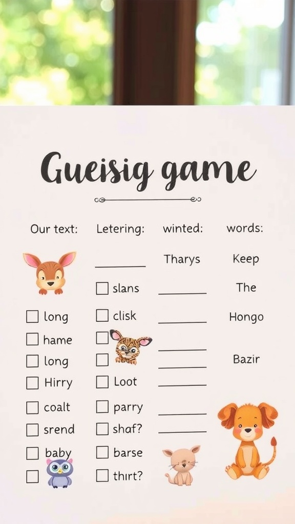A guessing game sheet featuring cute baby animals and their adult names.