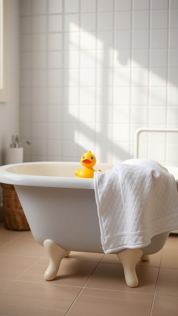 A cozy baby bath setup with a rubber duck in a white bathtub and a towel draped over the side.