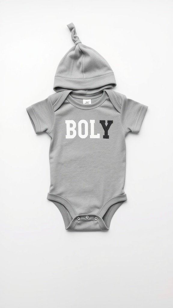 Gray baby boy onesie with the word 'BOLY' printed, accompanied by a matching hat.