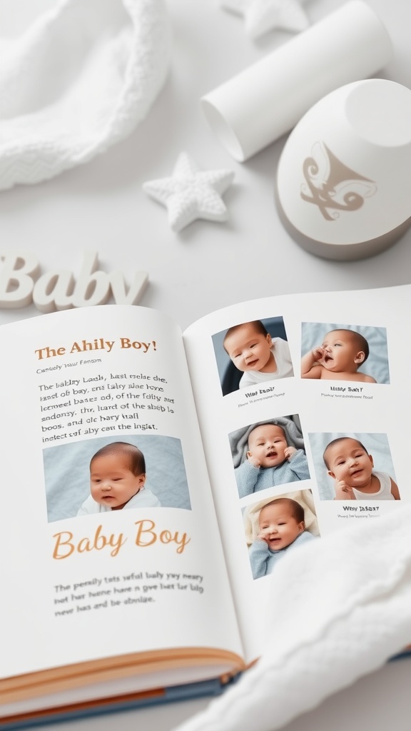 A baby boy memory book open to pages with cute photos and details about the baby