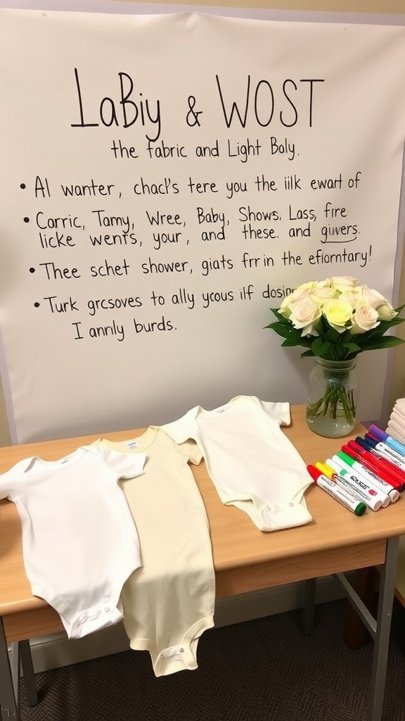 A table set up for a baby onesie decorating station with blank onesies and colorful markers.