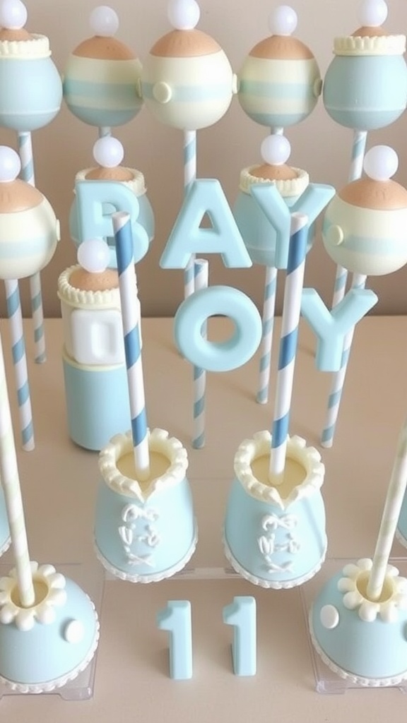 Decorative cake pops for a baby boy shower in blue and cream colors.