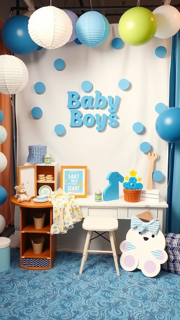 A colorful baby boy themed photo booth with decorations, including balloons and signs.