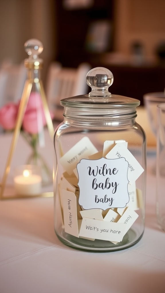 A glass jar labeled 'Wine Baby Baby' filled with folded pieces of paper containing wishes for a baby boy.