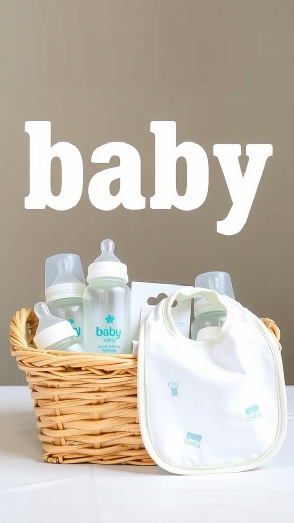 A wicker basket filled with baby feeding essentials including bottles and a bib.