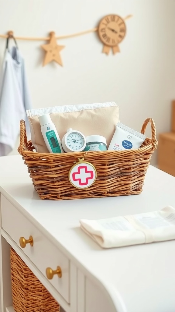 A wicker basket filled with baby health and safety items including lotions, a thermometer, and creams.