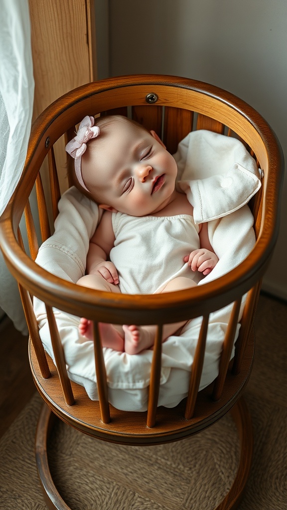 A baby peacefully sleeping in a vintage wooden cradle with a soft white bedding and a pink headband.