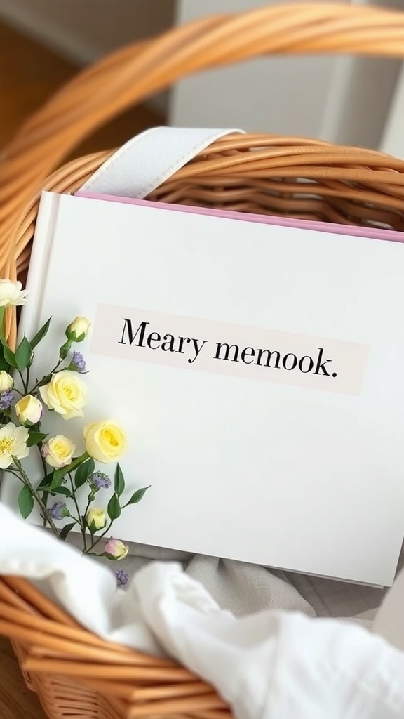 A baby memory book sitting among flowers in a basket.