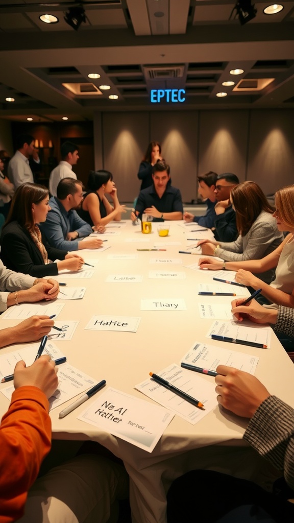A group of guests gathered around a table, participating in a baby name race game during a baby shower.