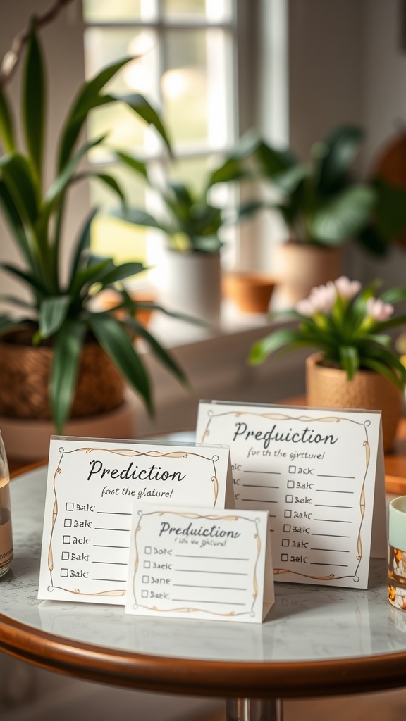 An arrangement of baby prediction cards on a table, with green plants in the background.
