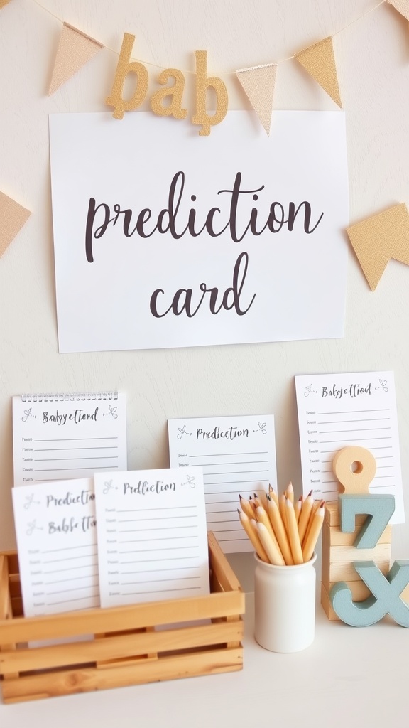 A setup for baby shower predictions with cards and pencils.