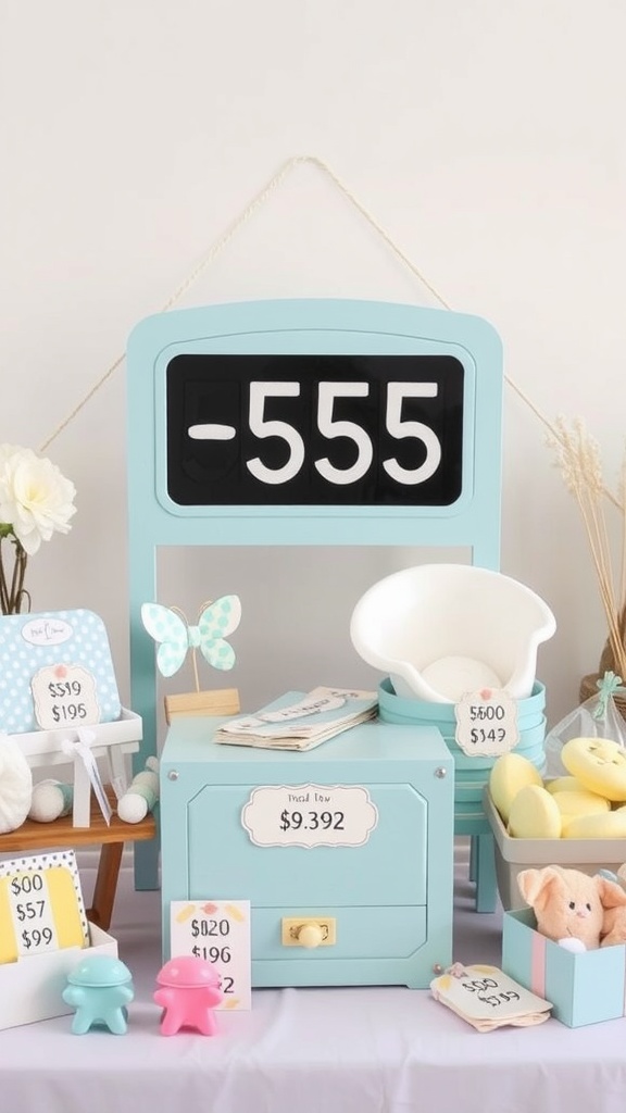 A playful setup for a baby shower game 'Baby Price is Right' featuring a mock cash register with baby items and price tags.