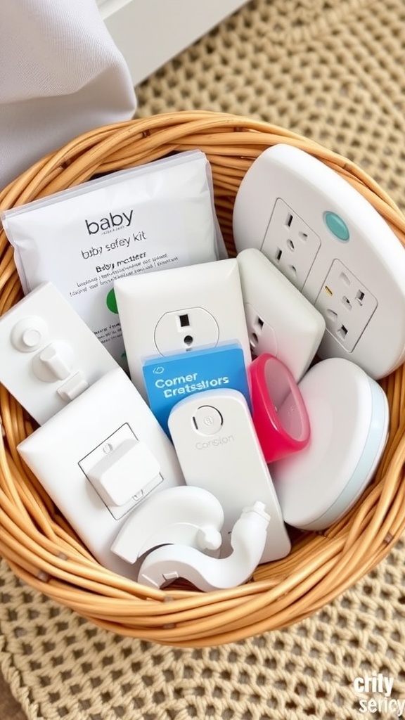 A basket filled with baby safety items like outlet covers and a baby monitor.