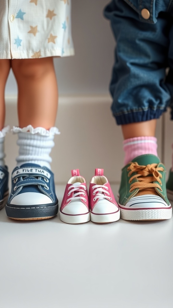 A lineup of baby shoes showing three pairs: one tiny pink pair between two larger pairs.
