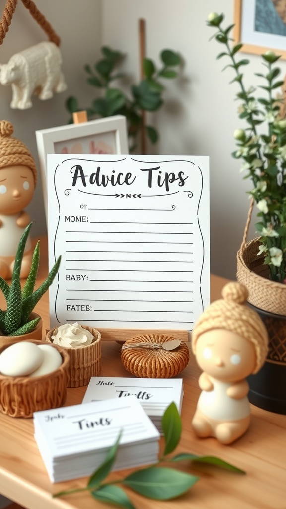 A cozy table setting featuring baby shower advice cards, plants, and cute figurines