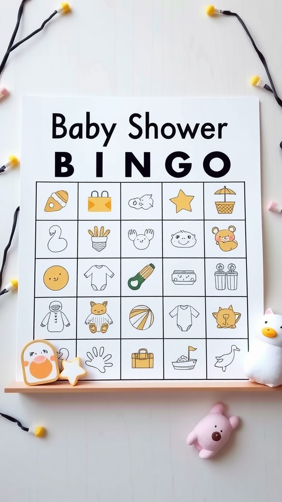 Baby Shower Bingo game board with cute illustrations and decorations.