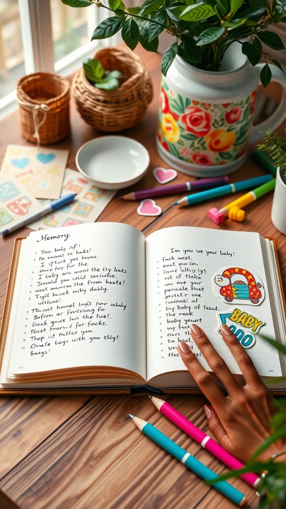 Open memory book with handwritten notes, colorful pens, and decorative stickers on a wooden table