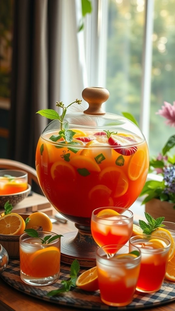 A vibrant punch bowl filled with fruit slices and mint leaves, surrounded by glasses of punch and fresh fruit.