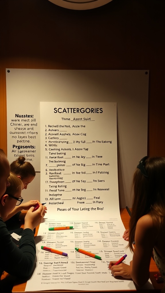 Friends playing Scattergories at a baby shower, with colorful markers and a large game sheet.