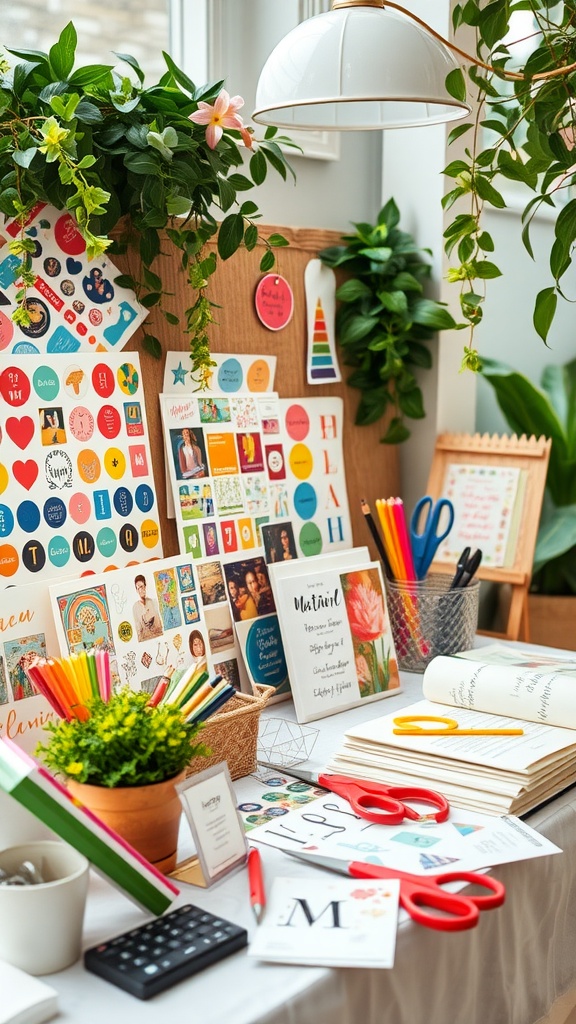 A creative scrapbooking station set up for a baby shower with colorful supplies and decorations.