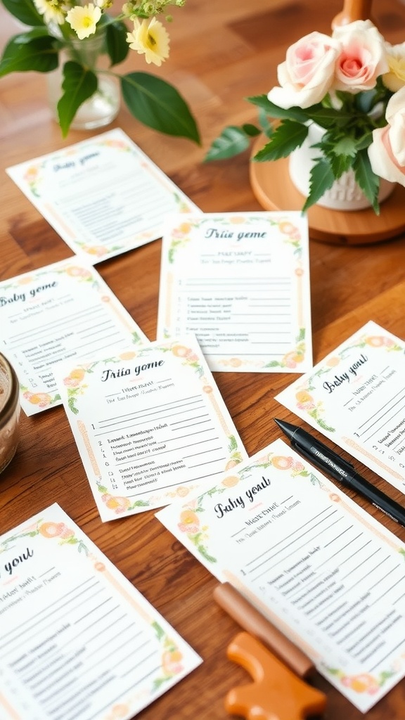 Baby shower trivia game cards with floral designs on a wooden table