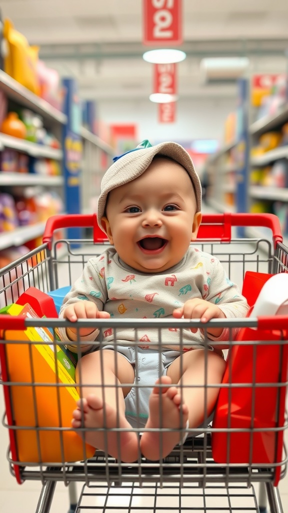 A happy baby sitting in a shopping cart, smiling broadly.