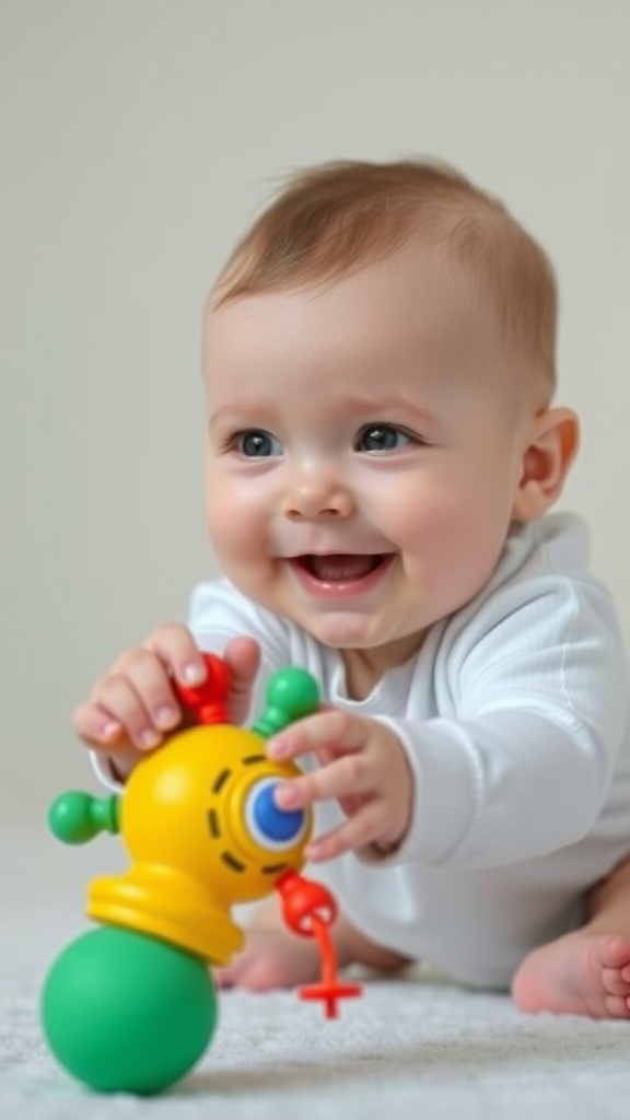 A happy baby playing with a colorful toy, smiling and engaged