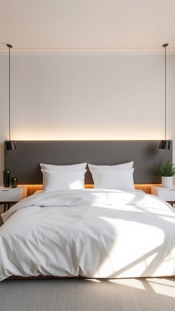 A stylish bedroom featuring a backlit headboard with soft lighting, white bedding, and modern decor.