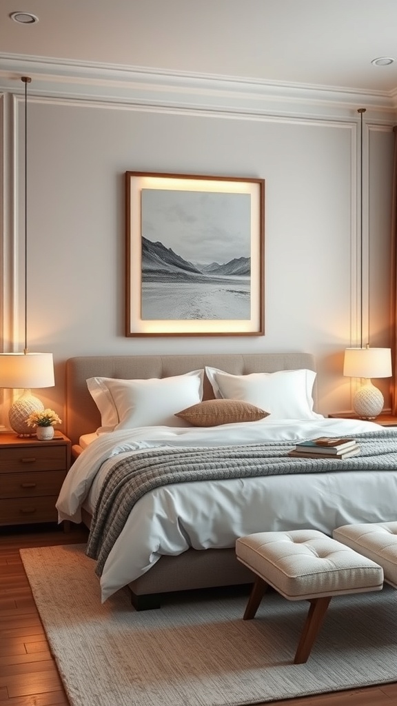 A cozy bedroom featuring backlit wall art above the bed, with warm lighting from bedside lamps.