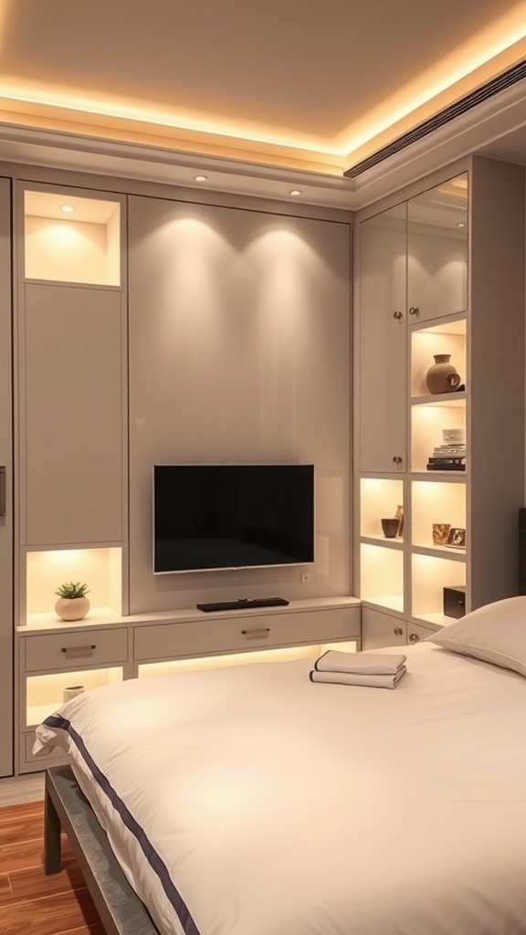 Modern bedroom with backlit wall unit featuring open shelves and a mounted TV.